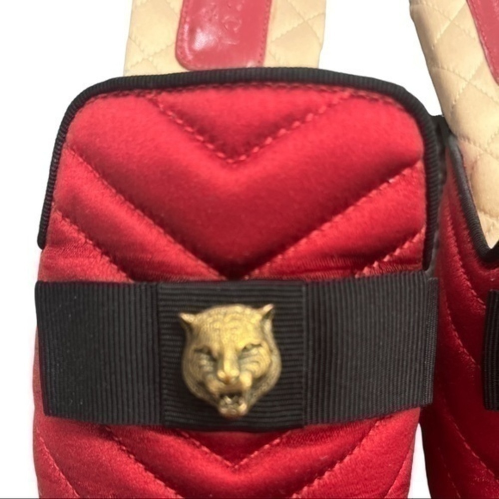 GUCCI Tiger Head Bow Red Satin Princetown Slipper Mules Size 36 - Picture 3 of 10